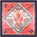 Ethnic bohemian style 90cm square silk scarf with coral orange feather and tassel patterns - Large Square Scarf / Watermelon red