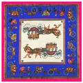 Pañuelo cuadrado de seda clásico azul y rosa con estampados de carruajes antiguos en plano - Talla única / Borde Magenta Centro Azul Real