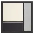 Close-up of geometric color-block silk scarf with pearl dot trim in ivory, gray, and black - Off-White