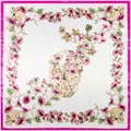 Foulard quadrato in seta con stampa teschio e fiori di convolvolo bianco e fucsia - Quadrato / Bianco