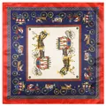 Pañuelo cuadrado de seda con estampado de carruaje clásico, borde rojo y estilo vintage - Talla única / Borde Rojo Centro Azul Marino
