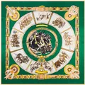 Green silk scarf with equestrian horse and royal carriage prints in vintage design - 130cmx130cm / Green