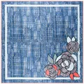 Blauwe zijden vierkante sjaal met tweed textuur, camelia print en witte rand - Blauw