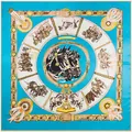 Detailed equestrian motif on blue silk scarf with horse imagery and belt borders - 130cmx130cm / Sky Blue