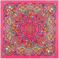 Detailed top view of paisley and floral patterns on bohemian pink square silk scarf - Rose Red