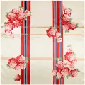 Foulard quadrato in raso 90x90cm con rose rosse vintage e motivi floreali a righe - Beige