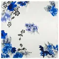 Floral square silk scarf with elegant blue flower patterns on pearl white satin - 60cmx60cm / Sapphire Blue