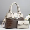 Two-piece handbag set featuring beige and brown croc texture with a round gold buckle - Two-Piece Set / Gray