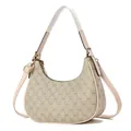 Hobo-Tasche mit Retro-Monogramm aus beigem Canvas mit rosa Lederbesatz und Trägern - Weiß mit Rosa (Stil 37)