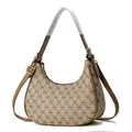 Retro-Schultertasche aus Canvas und Leder in Halbmondform mit durchgehendem Monogramm - Khaki (Stil 37)