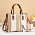 Chic two-piece tote bag set with brown stripes and leather handles for office - Off White