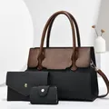 Dreiteiliges Damen-Tote-Set aus schwarz-braunem PU-Leder mit Webmuster-Struktur - Schwarz