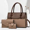 Dreiteiliges Damenhandtaschen-Set aus braunem Kunstleder-Patchwork mit verstellbarem Gurt - Erdgelb