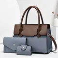 Three-piece set women's handbag in blue fabric and brown leather with shoulder strap - Blue