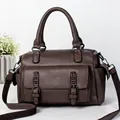 Brown leather Boston shoulder bag with vintage rivets and wide strap for women - Coffee