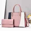 Ensemble sac à main patchwork tricolore avec portefeuille assorti et bandoulière réglable - Rose