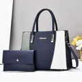 Ensemble de sac cabas bicolore et portefeuille assorti avec coutures ondulées et métal doré - Bleu