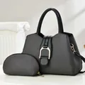 Two-piece dark gray tote bag set with textured fabric and golden U-shaped buckle decoration - 2-Piece Set (Large Bag + Small Bag) / 29x13x21cm / Black