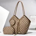 Brown heart checkerboard 3-piece tote bag set with purse and pouch for women - Khaki