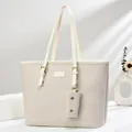 Minimalist beige woven PU tote bag with long handles and a matching mini coin purse - Off White