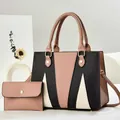 Three-tone geometric patchwork tote bag set with matching envelope pouch and gold hardware - Pink