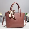 Structured dusty pink PU leather tote bag with elegant silk scarf and shoulder strap - Pink