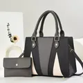 Three-color contrast large tote bag with matching pouch and detachable shoulder strap - Gray