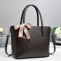 Dark brown leather tote handbag with decorative silk scarf and adjustable strap for women - Gray
