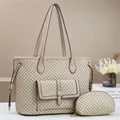 Chic beige tote bag set with geometric patterns and matching small pouch for women - Main Bag and Pouch / Khaki