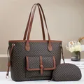 Detail of premium tote bag set with geometric patterns and matching small clutch - Main Bag and Pouch / Coffee with Brown
