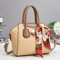 Chic beige and brown crossbody shell bag with scarf detail and fashion print - Khaki