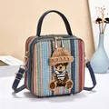 Colorful striped square bag with 3D teddy bear embroidery and blue leather handles - Blue