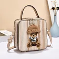 Woven square handbag with cute 3D bear motif and adjustable shoulder strap - Khaki
