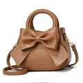 Détails du sac à main marron caramel avec nœud élégant et finitions dorées - Jaune Terre