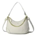 Détail du sac hobo en cuir gris clair avec chaîne dorée et bandoulière amovible - Gris