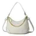 Sac hobo chic en cuir beige avec chaîne dorée et inscription FASHION & BAGS - Gris