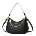 Sac hobo noir à texture litchi avec chaîne dorée et large bandoulière amovible - Noir