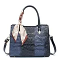 Blue-black gradient tote bag with crocodile texture, silk scarf handle, and gold hardware - Blue