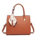 Brown litchi grain handbag featuring a decorative striped silk scarf and gold hardware - Earthy Yellow