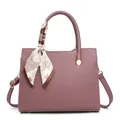 Elegant dusty pink lychee leather handbag with decorative scarf and golden hardware - Purple