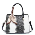 Women's crocodile pattern tote bag with color-block design and decorative silk scarf - White