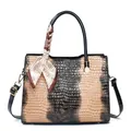 Large capacity crocodile texture tote bag in beige and brown PU leather with silk scarf - Khaki