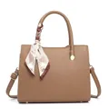 Deep camel lychee pattern leather handbag with striped silk scarf on white background - Khaki