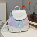 Chic white and rainbow macaron gradient backpack with floral print and flap closure - White