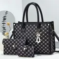 Schwarzes dreiteiliges Shopper-Set mit Blumendruck und elegantem Schleifenanhänger - Schwarz