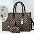Set de 3 sacs à main marron pour femme avec motif géométrique et nœud en perles - Café