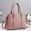 Detail of light pink pebbled leather handbag featuring gold metallic buckles and straps - Pink