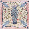 Pañuelo de seda de 90x90cm con jarrón de porcelana azul y borde rosa elegante - Rosa Palo