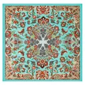 90x90cm Bohemian paisley silk scarf with mint green border and floral pattern - Aqua Blue