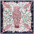 Pañuelo de seda cuadrado de 90 cm con motivos vintage de jarrones y pájaros y borde azul - Azul Marino